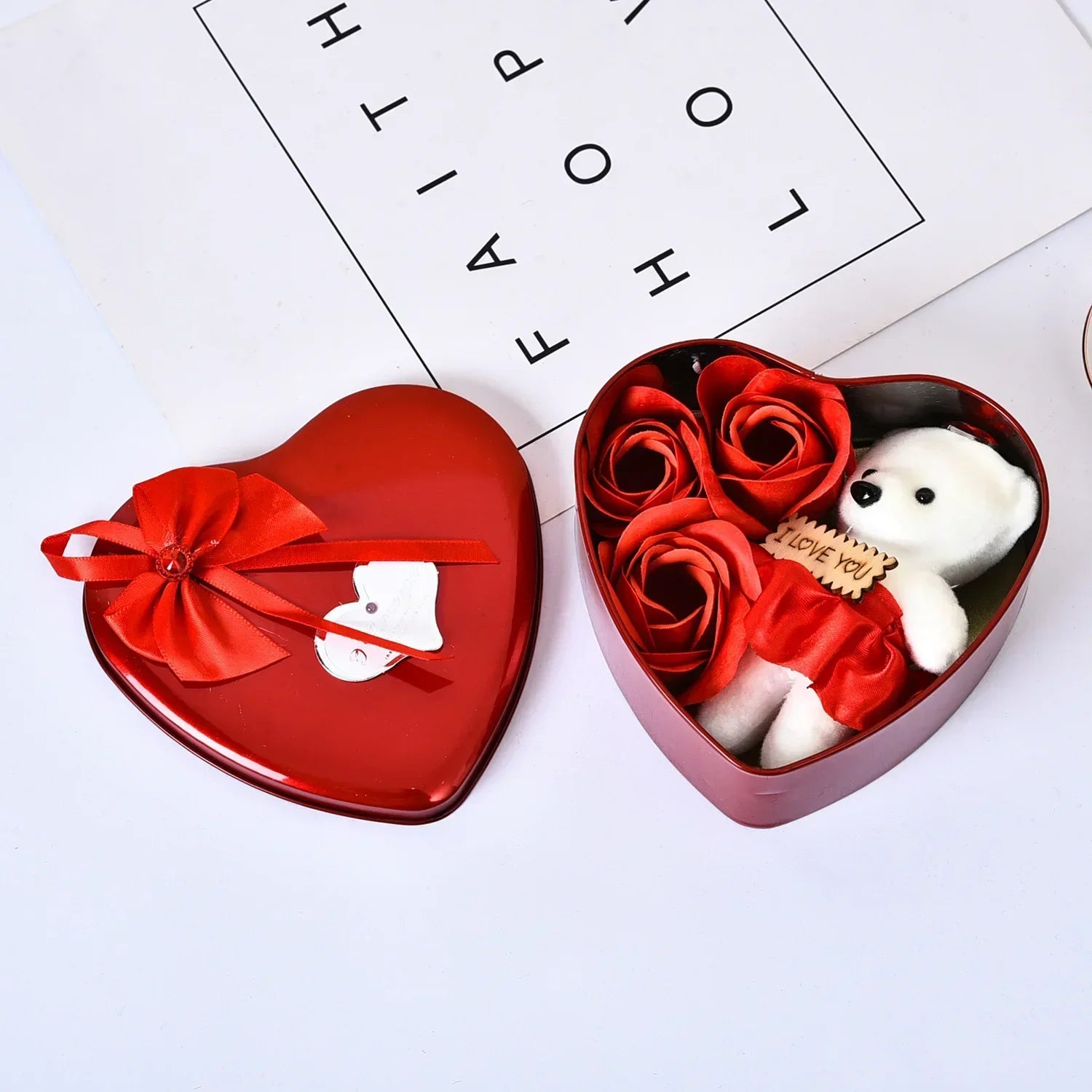 Heart-Shaped Gift Box with Teddy Bear & Faux Roses – A Sweet Surprise for Any Occasion