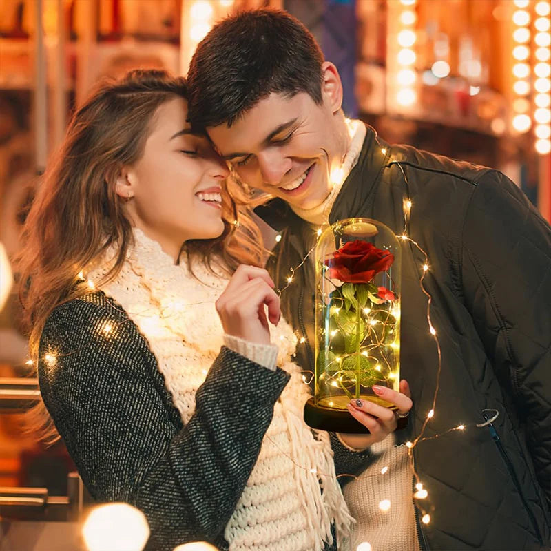 Enchanted Red Rose in Glass Dome with LED Fairy Lights – Romantic Gift for All Occasions