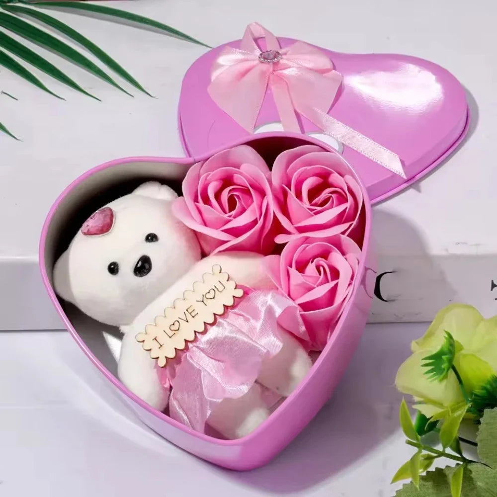 Heart-Shaped Gift Box with Teddy Bear & Faux Roses – A Sweet Surprise for Any Occasion