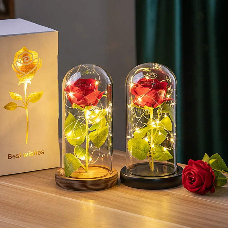 Enchanted Red Rose in Glass Dome with LED Fairy Lights – Romantic Gift for All Occasions